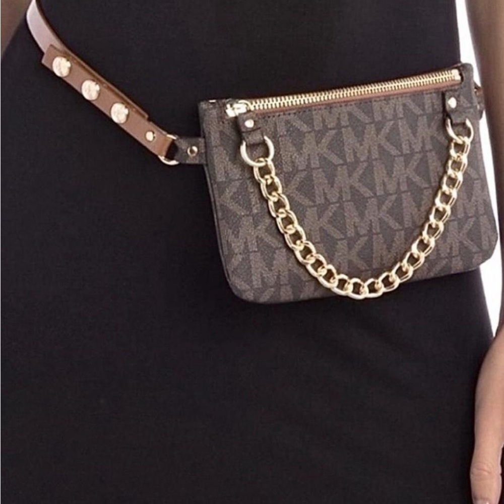 Michael Kors Monogram Belt Bag with Gold Chain